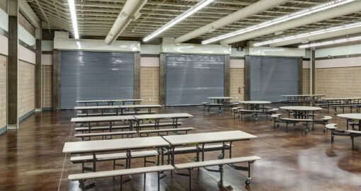 Fire Rated shutters which also act as storm shelter shutters in the event of a tornado or storm warning.