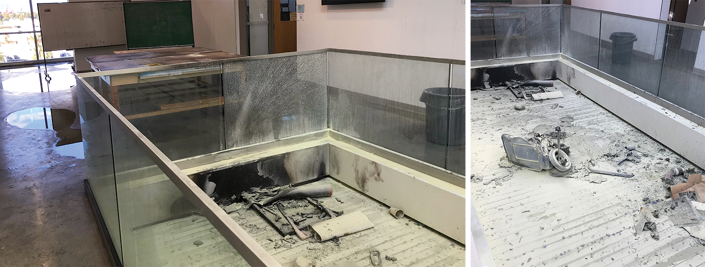 Fire damage mitigated by horizontal fire shutter.